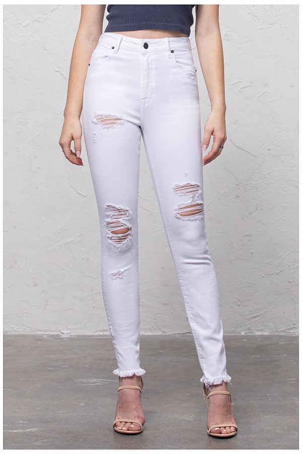 White Distressed High Rise Frayed Skinny